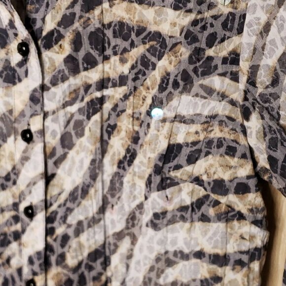 JM Collection Petite Womens Animal Print Semi Sheer Button Down Shirt MP - Picture 3 of 6